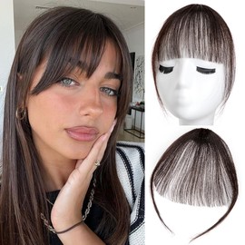 Clip in Bangs 100% Real Human Hair Extensions Wispy Bangs for Women Fake Bangs Clip on Bangs Faux Bangs Clip in Hair extensions Fringe with Temples Hairpieces (Brown Black)