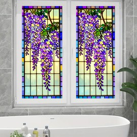 BlissYard Wisteria Window Privacy Film Stained Glass Window Film 17.7x39.3 inch Home Decorative Cling Sun Blocking Decor for Home Office Glass Partitions Anti-UV Sun Blocke