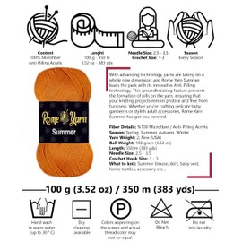 Rome Yarn Summer Yarn | #2 Fine, 4 Ply (UK), Sport (USA) | Silk Effect | 100 g | 350 m | 100% Microfiber | Anti-Pilling Acrylic Yarn | Knitting Thread Crochet Art Lace Craft (302 Cinnamon)