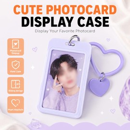Photocard Holder with Keychain 3 Inch Photo Card Holder Sliding ID Badge Holder Hard Purple Vertical Plastic Card Case with Silicone Heart Keychain for Kpop Photocard Holder and Card Storage