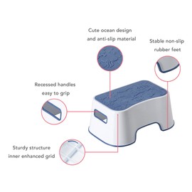 A+KCEYON Step Stool for Kids, Cute Design and Anti-Slip Kids Step Stool with Recessed Handles, Portable Footstool for Kitchen, Bathroom Sink and Toilet Potty Training (Blue-Ocean Motif)