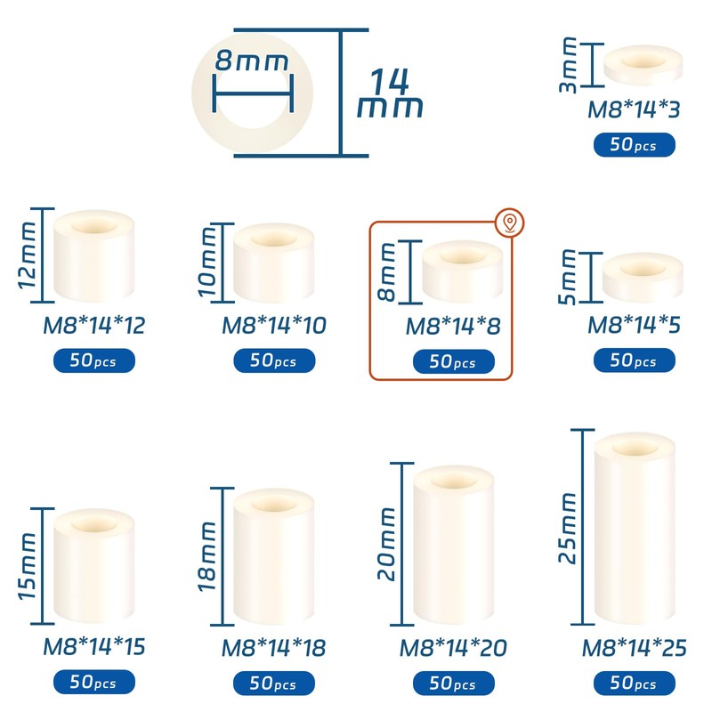 SWTYExt Spacer Sleeves Plastic M8 Round Spacers Pack of 50