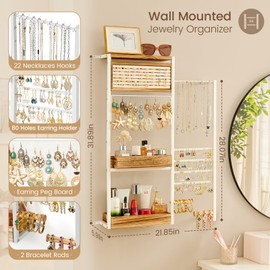 Pinzoveco Hanging Jewelry Organizer Wall Mounted, Large Hanging Jewelry Organizer Holder for Necklaces,Bracelest,Earrings,Rings,Watched,Makeup & Perfume (White)