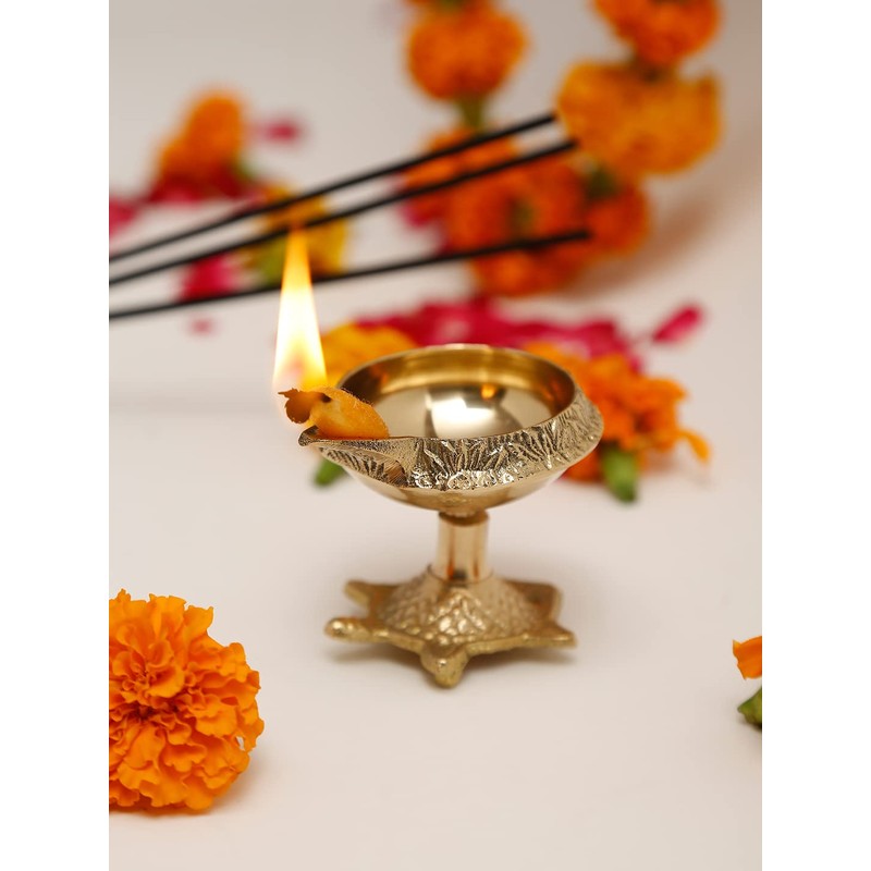 DreamKraft Brass Handmade Engraved Design Kuber Diya (Oil Lamp) with