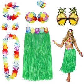 PHOGARY PHOGARY 8 Teilig Hawaii Mottoparty Kostüme Set, Hula Rock (Grün), Blumenkette, Blume-Armbänder, Blumen-BH, Haarblume, Ananas-Sonnenbrille für Tikiparty Beachparty Deko