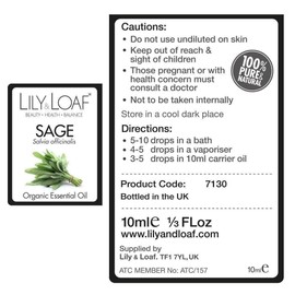 Lily & Loaf Sage Organic Essential Oil (Salvia officinalis) | 100% Pure & Natural | 10ml