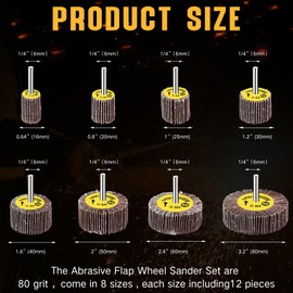 Gisafai 96 Pcs 1/4" Shank 80 Grit Abrasive Flap Wheel Sander Set, 8 Sizes Aluminum Oxide Flap Wheel Die Grinder Flap Wheel Cylindrical Shape Sanding Wheel for Grinding Polishing