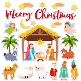 Whaline 2 Sheet Christmas Thick Gel Clings Cartoon Xmas Nativity Scene Window Gel Decals for Home Classroom Nursery Party Decor
