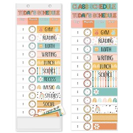 JarThenaAMCS Boho Daily Schedule Pocket Chart 13 x 35.5 In Rainbow Flower Smile 13 + 1 Pocket Visual Schedule Chart Board with 24 Card for Classroom Home Office Supplies