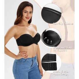 Lemorosy Women's Plus Size Strapless Bra Push Up Full Coverage Underwire Support Bra for Big Bust(Black, 36D)