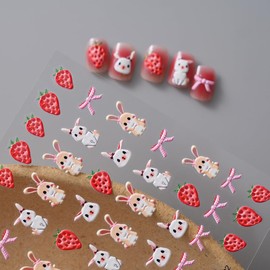 ZPIPOIFA 4 Sheets Rabbit Nail Art Stickers,Flower Art Stickers Bunny Strawberry Nail Decals Spring Daisy Nail Art Designs Self Adhesive Nail Supplies for Women Kids Nail Art Decoration Manicure Tip