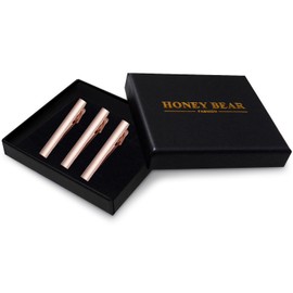 HONEY BEAR 3pcs Mens Tie Clip Set Tie Bar Normal Size for Wedding Business Shirt Gift 5.4cm(2.12inch) (Rose Gold Brushed Vertical with box)