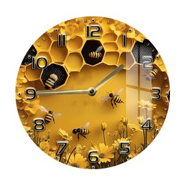 Bee & Honeycomb Wall Clock13 Inch 3D-Inspired Visual on 2D HD Print Round – Silent Non-Ticking Tempered Glass Decorative Wooden Kitchen Clock Modern Analog Wall Clock for Home Office Farmhouse Décor