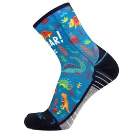 Zensah Limited Edition Running Socks - Fun and Crazy Mini Crew Compression Socks, Moisture Wicking and Anti Blister (X-Large, Dinosaurs-Teal)