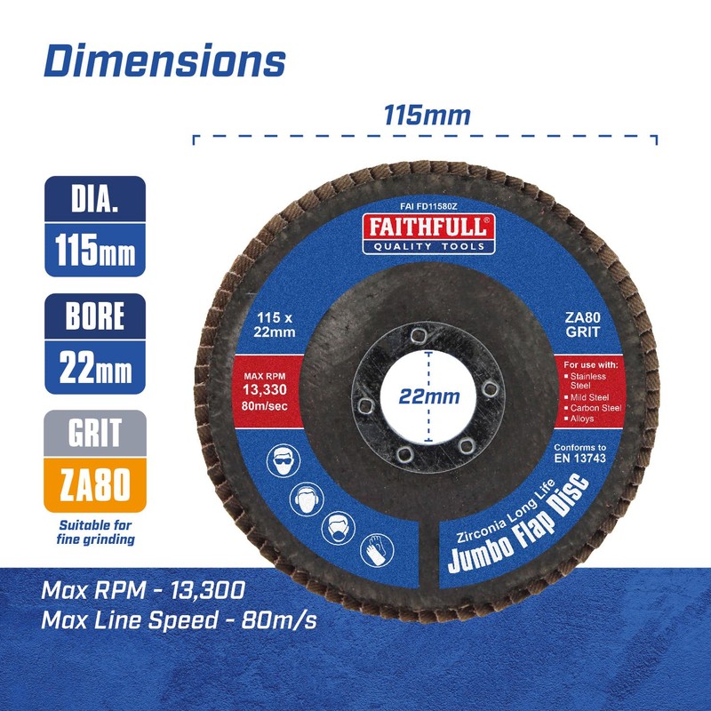 Faithfull FAIFD11580Z3 115mm Flap Disc Zirconium Set - 80 Grit,