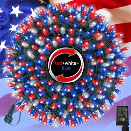 LAMPHOME 33ft Patriotic String Lights - Red White Blue Mini Lights, 100 LED Green Wire Fairy Starry String Lights Plug in, 11 Modes for Independence Day Celebration Party Memorial Day Decor