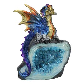 Ebros Gift Fantasy Iridescent Meteorite Hatchling Dragon Guarding Faux Geode Quartz Crystal Cavern Rock Figurine Wyrmling Collection Dungeons Dragons Druids Accent (Horizon Blue)