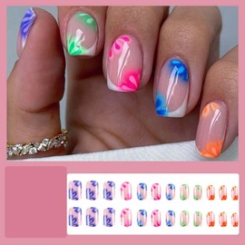 YoYoee Short Square Press on Nails Colorful Graffiti Fake Nails Acrylic Cute False Nails Flower Full Cover Nails Tips for Women and Girls 24Pcs