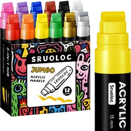 SRUOLOC 12 Colors Jumbo Markers, 15mm Jumbo Felt Tip, Acrylic Paint Markers for Rock Painting, Poster, Stone, Ceramic, Glass, Wood, Canvas