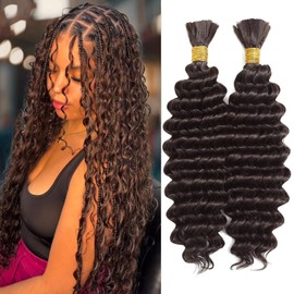 WOWANGEL Boho Braids Human Hair Extensions, Knotless Boho Braiding Hair for Curly Bohemian Styles​,16 Inch Deep Wave Human Hair Bundles (100g),Dark Brown(4#)