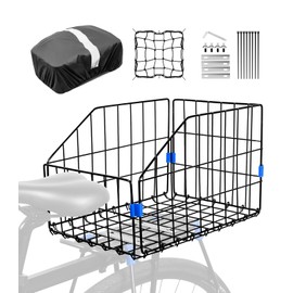 ANZOME Folding Rear Bike Basket with Bicycle Basket Liner and Adjustable Cargo Net, Waterproof Metal Bike Basket for Most Rear Mounted Bike Rack, Large Space Folding Bike Basket Rear