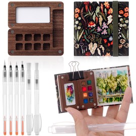 Qilery Mini Portable Watercolor Palette Set Wooden Grid Paint Box Watercolor Paper Sketch Book Brush Pens with Binder Clips for Painters Artists Students Not Include Paint(Rainforest Secrets)