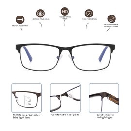 Kafirlo Progressive Multifocal Reading Glasses Men No Line Multifocus Transition Blue Light Blocking Computer Reader Multi Focus Metal Full Wide Frame Spring Hinge Designer Magnifying Eyeglasses 2.00