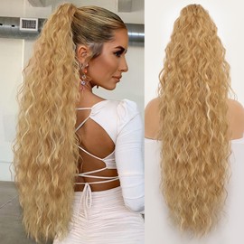 ORSUNCER Ponytail Extension Claw 30" Curly Pony Tail Clip in Claw Hair Extensions Fluffy Natural Looking Synthetic Hairpiece for Women Medium Blonde Highlights