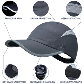 GADIEMKENSD Unisex Hats Baseball Cap UPF 50+ Sun Quick Dry Lightweight Breathable Reflective Trucker Hat Outdoor Hiking Run Golf Sports A Mesh Hats Running Hat Ponytail for Unisex Dark Gray M/L