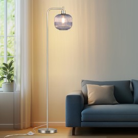 QiMH Glass Floor Lamp for Living Room, 67” Modern Standing Lamp with Blue Ribbed Glass Lampshade Pedal Switch Tall Lamp for Bedroom, Brushed Silver(2700K LED Bulb Included)