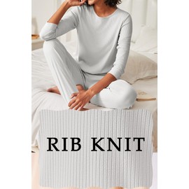 Ekouaer Womens Ribbed Knit Pajama Sets 2 Piece Jogger Pjs Long Sleeve Sleepwear Round Neck Soft Lounge Sets with Pockets Light Grey Small