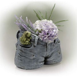 Alpine Corporation WIV104 Alpine Rugged Short Jeans Flower Pocket Frog Design Planter, Multicolor