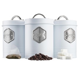 Cooks Professional 3 Piece Storage Canister Set | Labelled Containers for Tea Coffee Sugar | Canisters Sets for Kitchen Accessories & Essentials | White & Silver