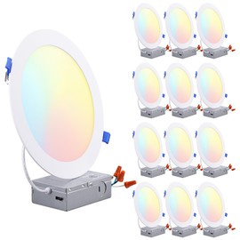 TORCHSTAR Basic Series 12-Pack 5CCT 8 Inch Ultra-Thin LED Recessed Lighting with J Box, CRI90, Aluminum, 2700K3000K3500K4000K5000K, 5%-100% Dimmable Slim Recessed Downlight, 18W 1450LM, ETL & ES