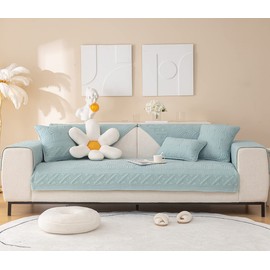 XSlive Farmhouse Cotton Quilted Sofa Cover Weave Pattern Embroidery Sectional Couch Cover Soft Nonslip Sofa Slipcover Furniture Protector Cover for Pets Kids Children Dog Cat (Light Blue,43"x43")