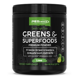 PEScience Greens Powder Superfood with Natural Chlorophyll, Reishi & Turkey Tail Mushroom Powders, Freeze-Dried Kale, Spinach, Broccoli Sprouts, Lime Flavor, 30 Servings