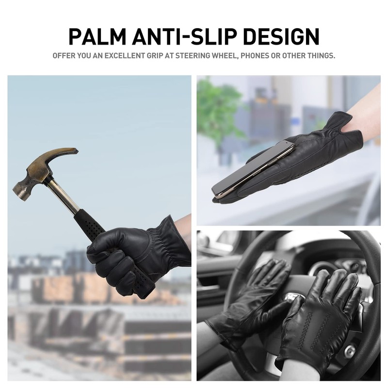 BISON DENIM Winter Genuine Sheepskin Leather Gloves for Men, Touchscreen