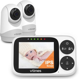 VTimes Video Baby Monitor with 2 Cameras, 3.2" IPS Screen Baby Camera Monitor No WiFi Night Vision VOX Mode Pan-Tilt-Zoom Temperature Display 2 Way Audio Lullaby Feeding Alarm and 1000ft Range
