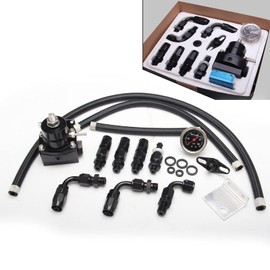 WENJTP EFI Fuel Pressure Regulator Kit with 0-100psi Pressure Gauge AN6-6AN Aluminum Adjustable Universal Fuel Line Hose Fitting Connectors Kit Black HTRACING