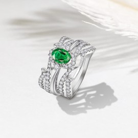 Yaresul Womens 3pcs 925 Sterling Silver Ring Set, 1ct Green Created Emerald Ring Cubic Zirconia Engagement Wedding Ring Set, Size L-½