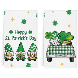 QIONG MENG Happy St. Patrick's Day Kitchen Towels Set of 2 Gnome Truck Shamrock Dish Towels Seasonal Cooking Drying Hand Towels Home Decorations 18x26 Inch