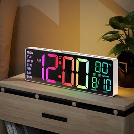 10.5-Inch Digital the Clock, 8-in-1 RGB Color, Date, Month, Temperature LED Display, Automatic DST, Modern Decorative Design, Suitable Desk, Wall, Living Room, Bedroom, Gift, young and Old - Color: White, Size: 10.5''