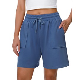 Cowasto - Pantalones cortos de algodón para mujer, estilo casual, sueltos, atléticos, con cordón en la cintura y bolsillos, Azul, Large