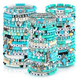 Landical 64 Pcs Turquoise Beaded Bracelets Western Cowgirl Set Heishi Stretch Charm Bohemia Natural Stackable Bracelet Summer Beach Jewelry for Women Men Unisex