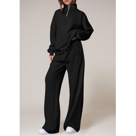 PRETTYGARDEN Womens Casual Two Piece Sets Fall 2025 Outfits Quarter Zip Sweatshirts Straight Leg Pants Sweatsuits Tracksuit (Black,Medium)