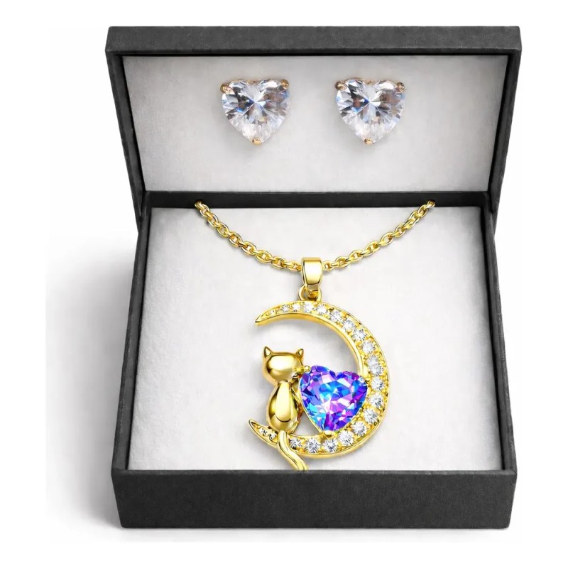 Joyawish - Set Collar Gato Luna + Aretes Regalo Mama