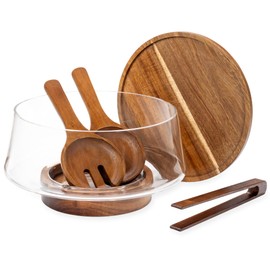 Oria Cook Large Glass Salad Bowl with Lid Set – 5 L, Glass Serving Bowl with Utensils, Cutting & Presentation Plate – Comes with Serving Utensils