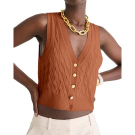 Locachy Women's V Neck Sleeveless Cable Knit Sweater Vest Soft 2025 Summer Button Front Cardigan Tank Tops Brown S