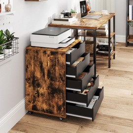 POWERSTONE 5 Drawers Chest Wood Storage Cabinets with Locking Wheels Filing Cabinet Under Desk Storage for Office Home, Coffee & Black