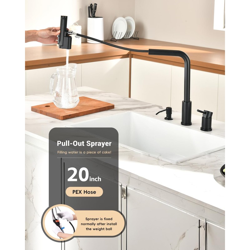 Waterfall 3 Hole Matte Black Kitchen Sink Faucet with Separate